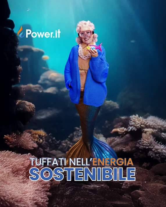 Nonna Elettra Green di Power.it in versione sirena paladina della sostenibilità