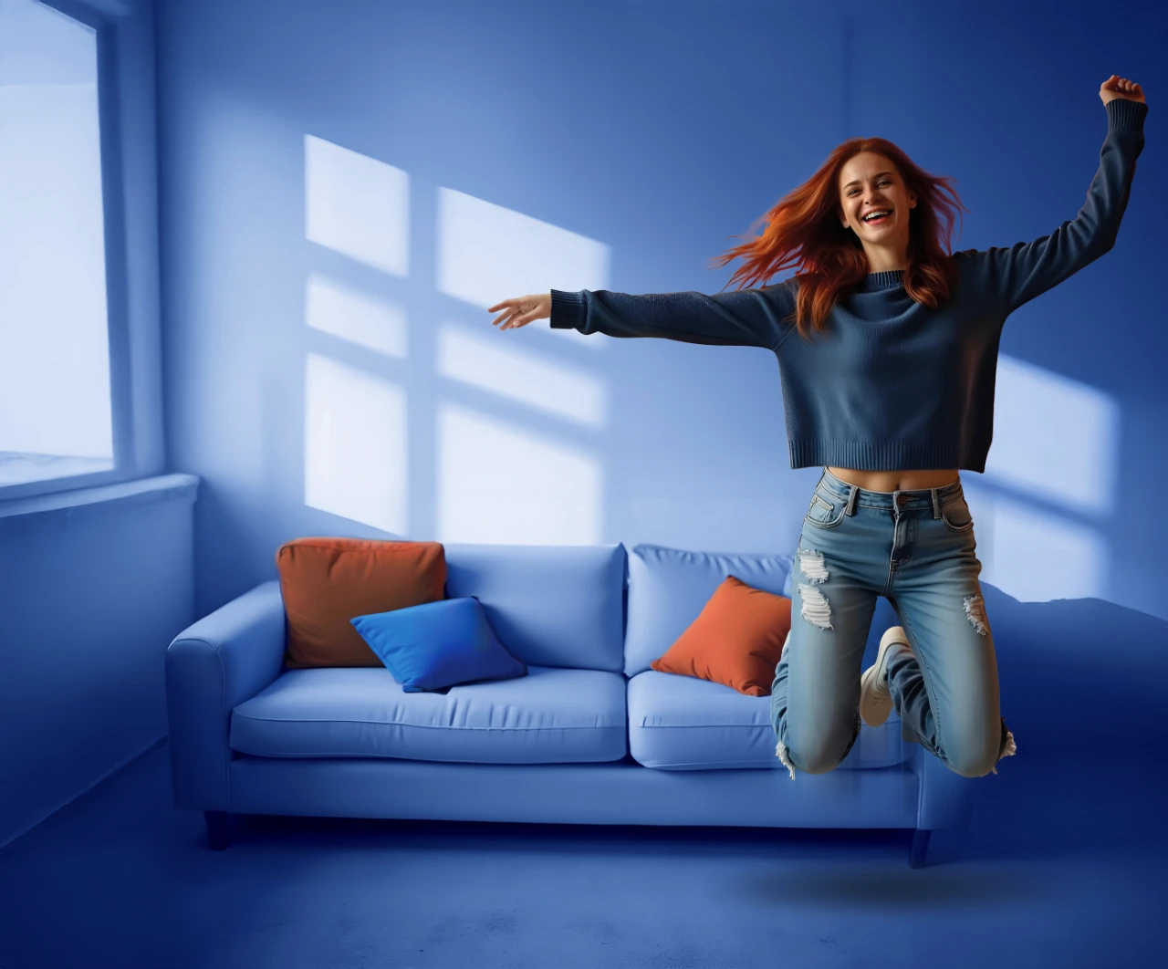 Ragazza salta dalla gioia. Servizio forniture Power.it luce e gas, relazioni durature